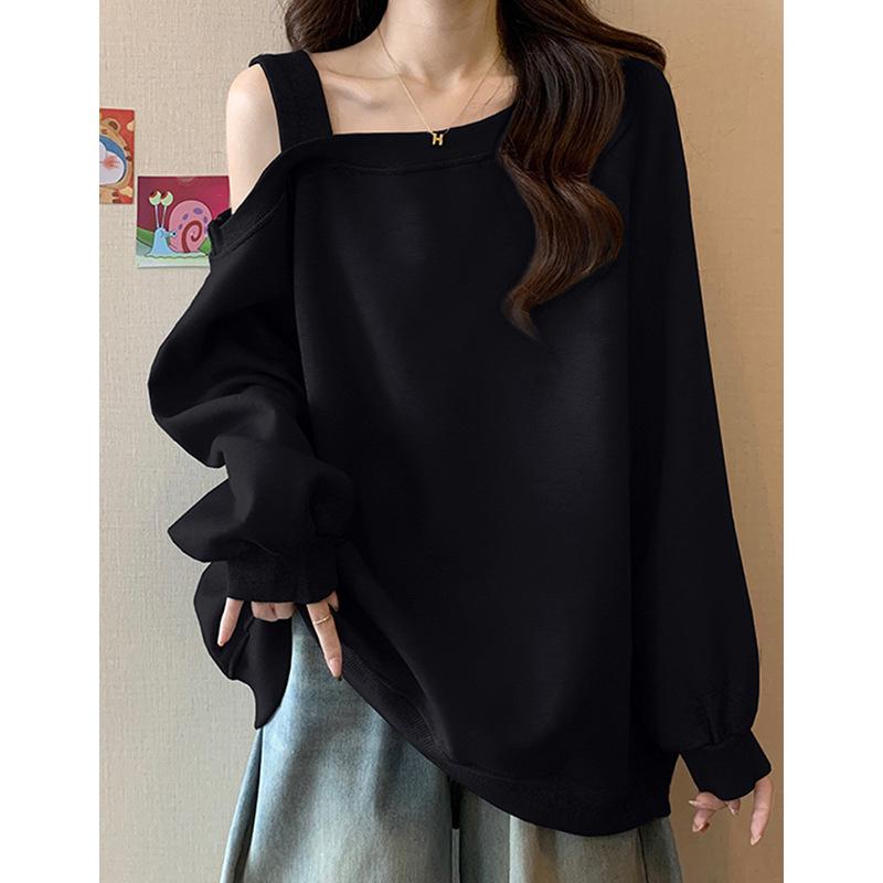 トレーナー レディース ゆったり チュニック丈 大きいサイズ 体型カバー 長袖 肩出し アシンメトリー 無地 プルオーバー カットソー 部..