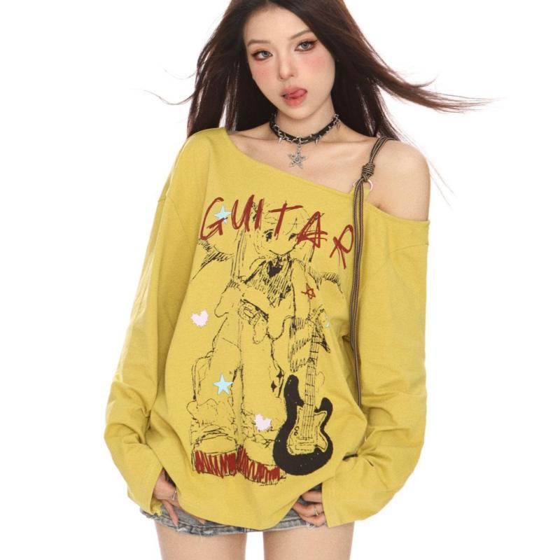 Other - Tシャツ レディース 長袖 秋冬 アニメ プリント 肩出し デザイン トップス ゆったり スリム 韓国 ファッション カジュアル かわいい イエロー ホワイト ポリエステル