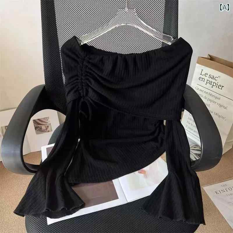 トップス レディース デザイン カットソー 肩出し 不規則 長袖 ポリエステル ギャザー エレガント きれいめ ショート丈 黒 白