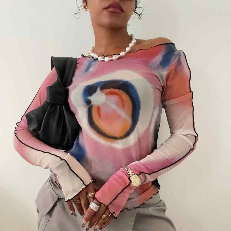 Tシャツ レディース 一文字ネック チュール 紗網 プリント 長袖 スリム トップス ストリート系 普段使い ピンク系 グリーン ブルー パープル