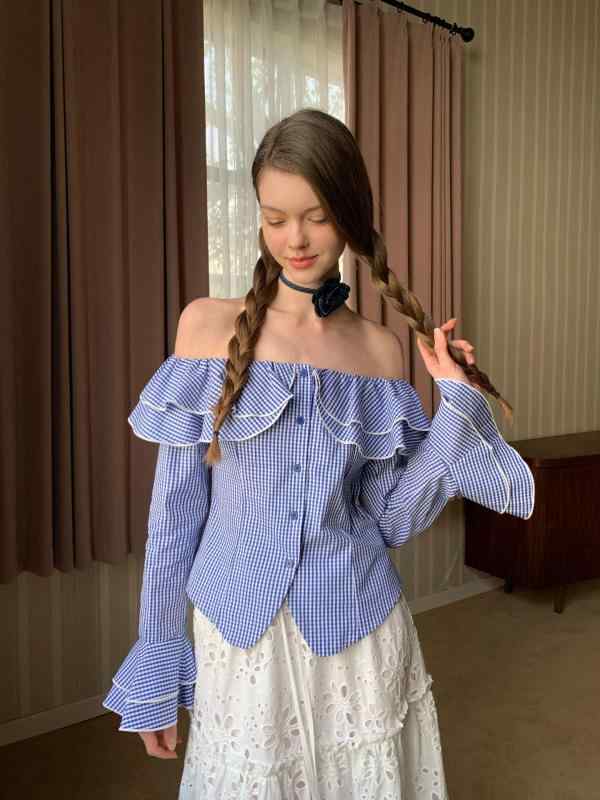 シャツ レディース 格子柄 コットン ストライプ 長袖 開襟 襟なし ギャザー フリル袖 春 スタイル ブラウス