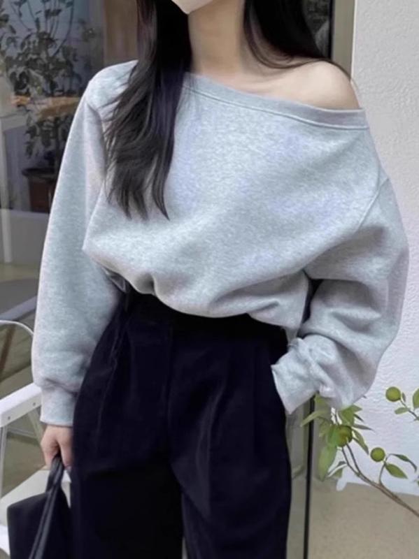Shirts, T-Shirts - スウェット レディース 一文字襟 肩出し ゆったり カジュアル トップス 長袖 無地 秋冬 灰色 白 黒 普段使い 通勤 快適 接触冷感 ポリエステル