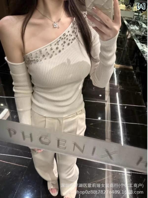 Tシャツ レディース 秋冬 長袖 デザイン カットソー 白 接触冷感 ポリエステル トップス 斜め襟 肩出し きれいめ かわいい 韓国風 修身