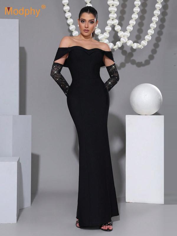 ワンピース レディース レース袖 高腰 タイト エレガント イブニングドレス バンデージ ロング 黒 ニッ..