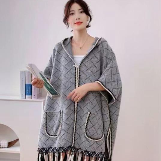 ショール レディース ポンチョ 秋冬 韓国風 ファッション フリンジ付き ケープ アウター 羽織り 膝掛け ストール 防寒 あったか グレンチェック 格子柄 カシミヤタッチ ブラック グレー レッド カーキ