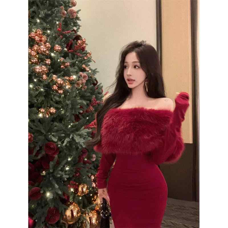 ワンピース レディース 一字肩 ニット 秋冬 長袖 ロング丈 包臀 高腰 街頭風 無地 膝下 エレガント かわいい 黒 ブラック