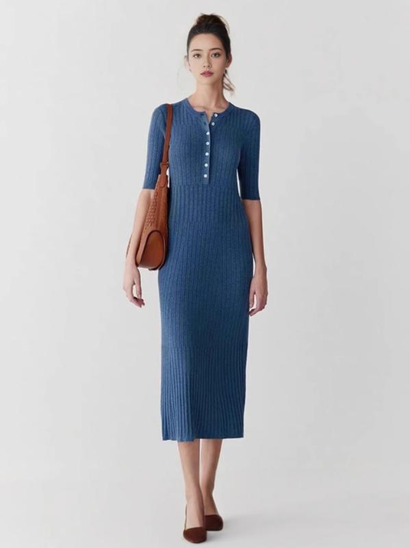 ワンピース レディース 春夏 フレンチスタイル エレガント スリムフィット コットン ニット 宝藍色 五分袖 傘スカート リブ ラウンドネック パフスリーブ ウエストゴム ゆったり かわいい 95%以上 有機コットン 上品 通勤