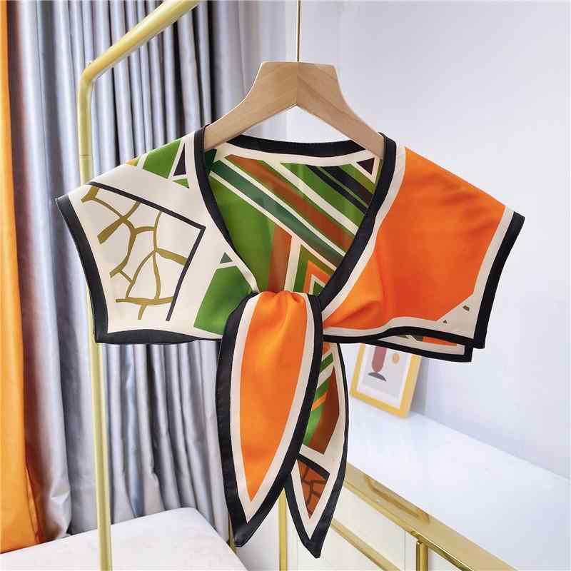 スカーフ レディース 春夏 秋冬 シルクタッチ ストール ショール 付け襟 フェイクカラー 韓国風 おしゃれ かわいい デコレーション 秋日菊黄 未来光橘 屏風橘 地裂橘绿 地下宮殿土棕 丛林野兽藏青 狐狸波点白(4)