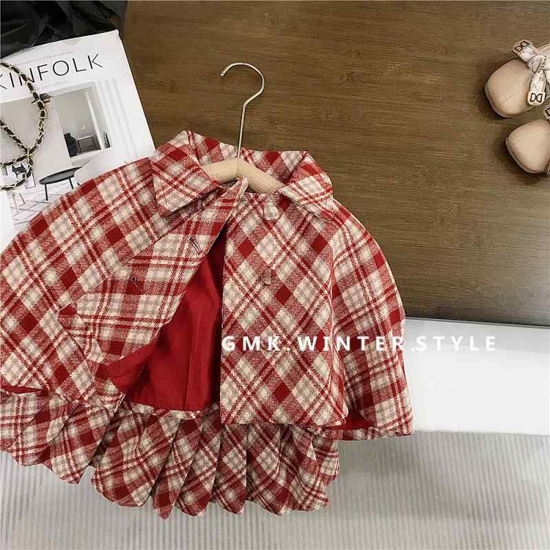 キッズ 女の子 ワンピース チェック柄 毛呢 斗篷 セットアップ 2点セット 春秋 冬 発表会 結婚式 パーティー かわいい 普段着
