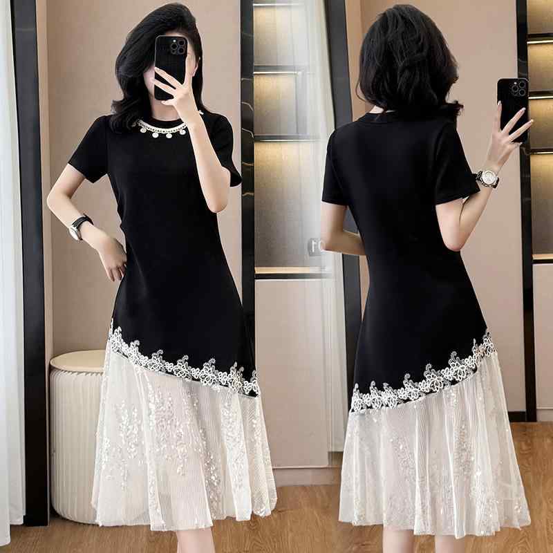 ワンピース レディース 韓国系 名媛 Aライン 高腰 半袖 膝丈 チュール チュールスカート 伸縮性 ゆったり ブラックフォーマル パーティ..