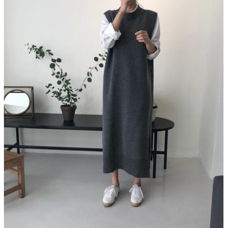 ニットワンピース レディース 秋冬 ニットベスト セットアップ Aライン 高見え 韓国風 無地 ロング丈 ノースリーブ カジュアル きれいめ 通勤 普段使い グレー ブラック