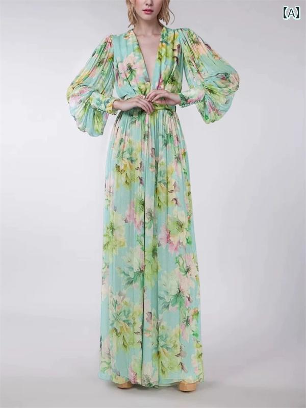 ワンピース レディース 春夏 Vネック 花柄 ロングワンピース 仙女 リゾート 高腰 Aライン ポリエステル ギャザー エレガント パーティードレス