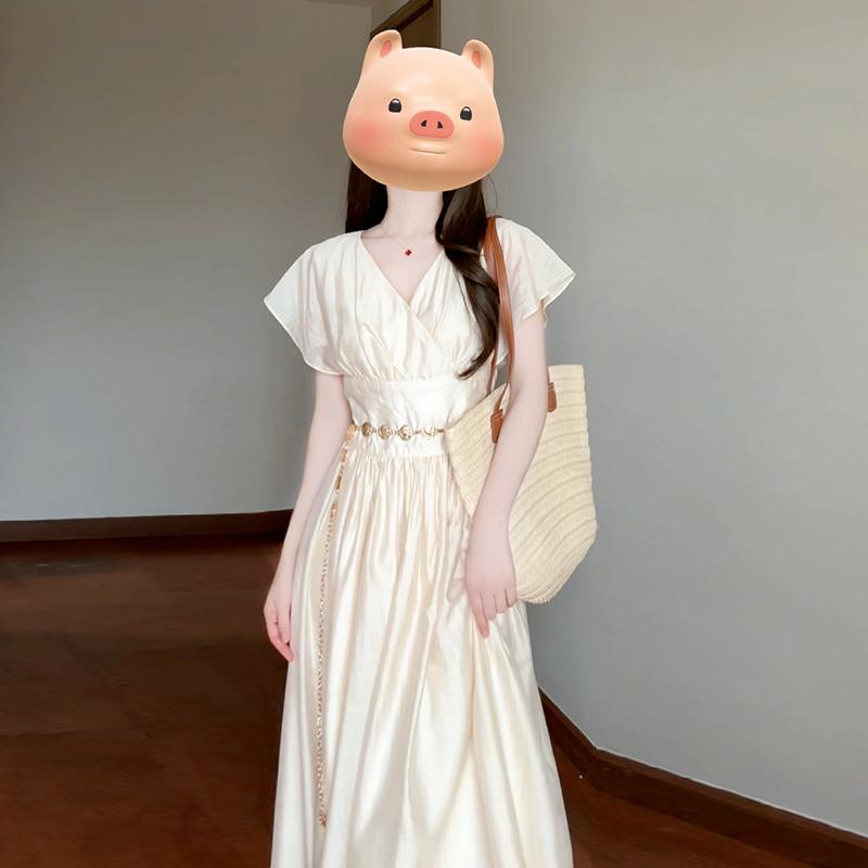 ワンピース レディース フレンチ Vネック 半袖 高腰 ロングワンピース 桔梗 Aライン きれいめ かわいい 清楚系 ゆったり 普段使い お呼ばれ 旅行 海辺 リゾート(4)