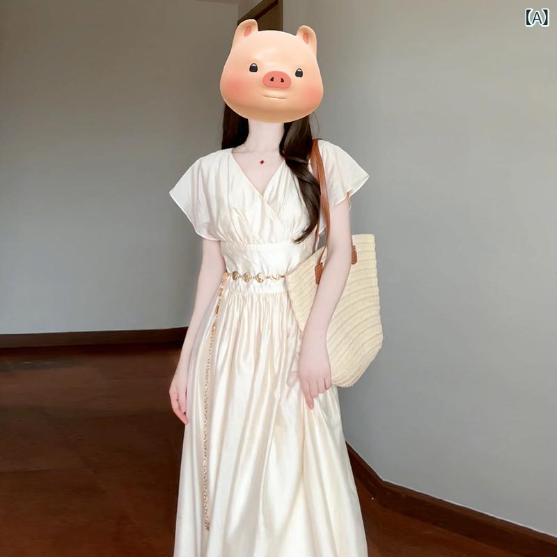 ワンピース レディース フレンチ Vネック 半袖 高腰 ロングワンピース 桔梗 Aライン きれいめ かわいい 清楚系 ゆったり 普段使い お呼ばれ 旅行 海辺 リゾート