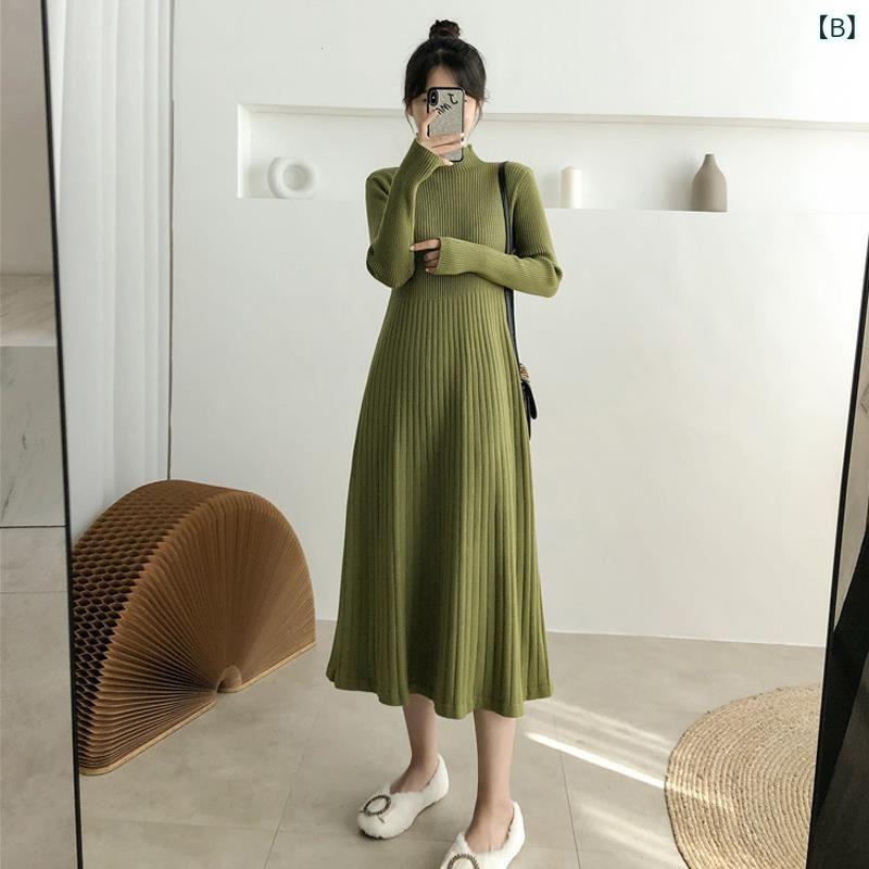 ニットワンピース レディース 秋冬 ハーフネック ロング丈 Aライン 無地 チュニック 大きいサイズ ゆったり ブラック 黒 グリーン アボカドグリーン きれいめ 上品 エレガント お洒落 おしゃれ 通勤 オフィス