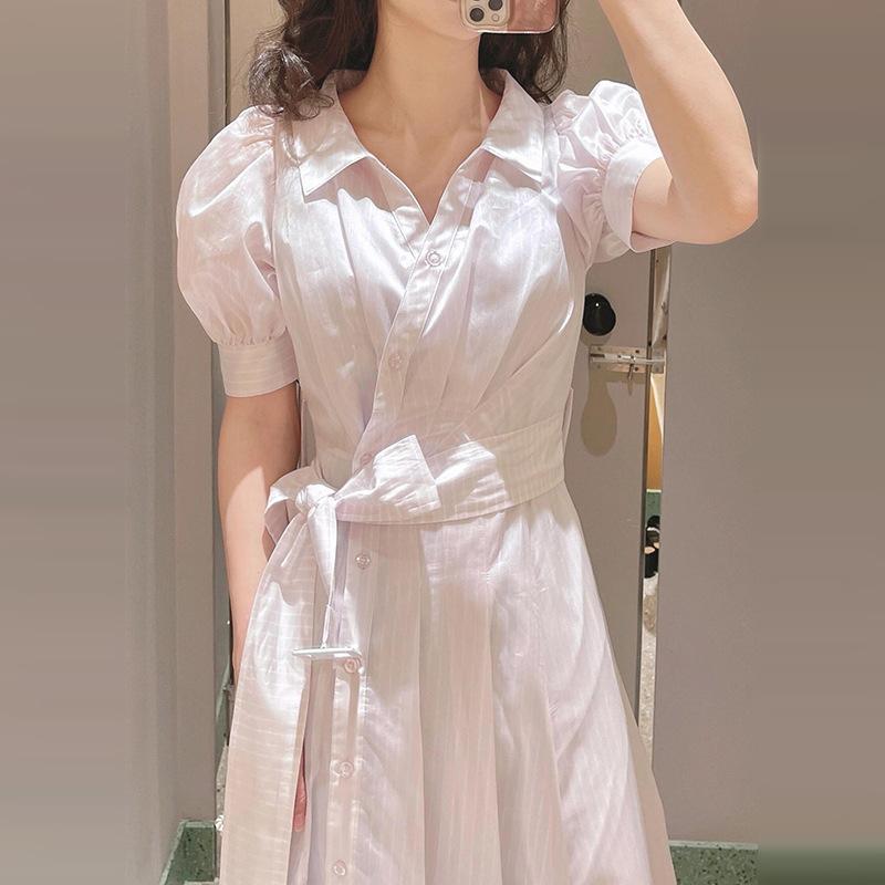 ワンピース レディース 春夏 半袖 ストライプ Aライン ミディ丈 高腰 ピンク系 ゆったり かわいい 韓国風 レトロ 普段使い デート