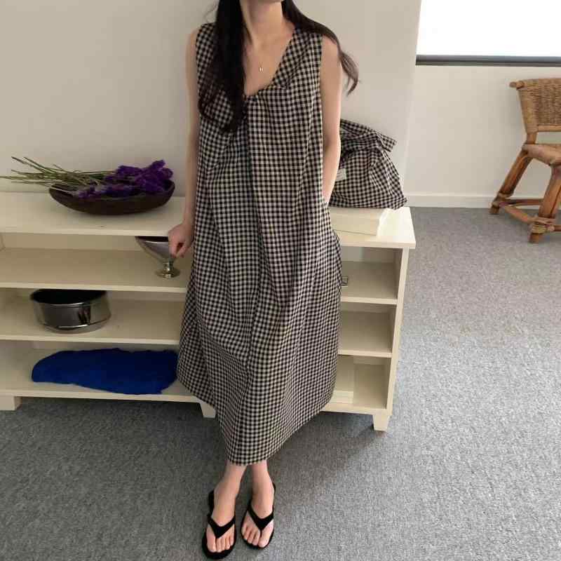 ワンピース レディース 夏 Vネック ノースリーブ Aライン チェック柄 ロング丈 膝下 ギャザー ゆったり かわいい きれいめ カジュアル