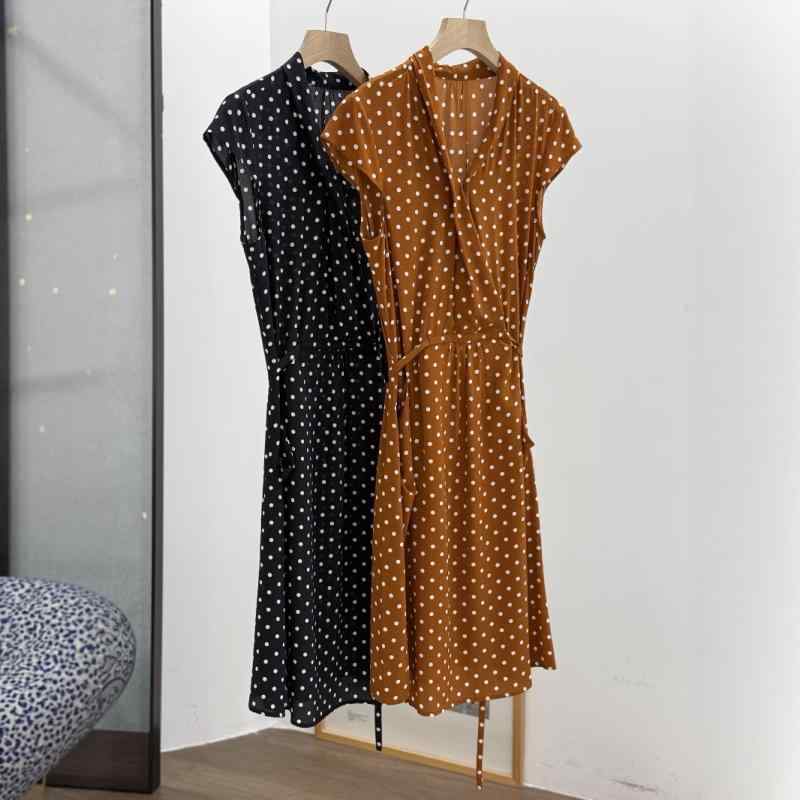 ワンピース レディース 春夏 シルク 水玉 ドット柄 Vネック 半袖 ミモレ丈 膝下丈 Aライン ウエストリ..