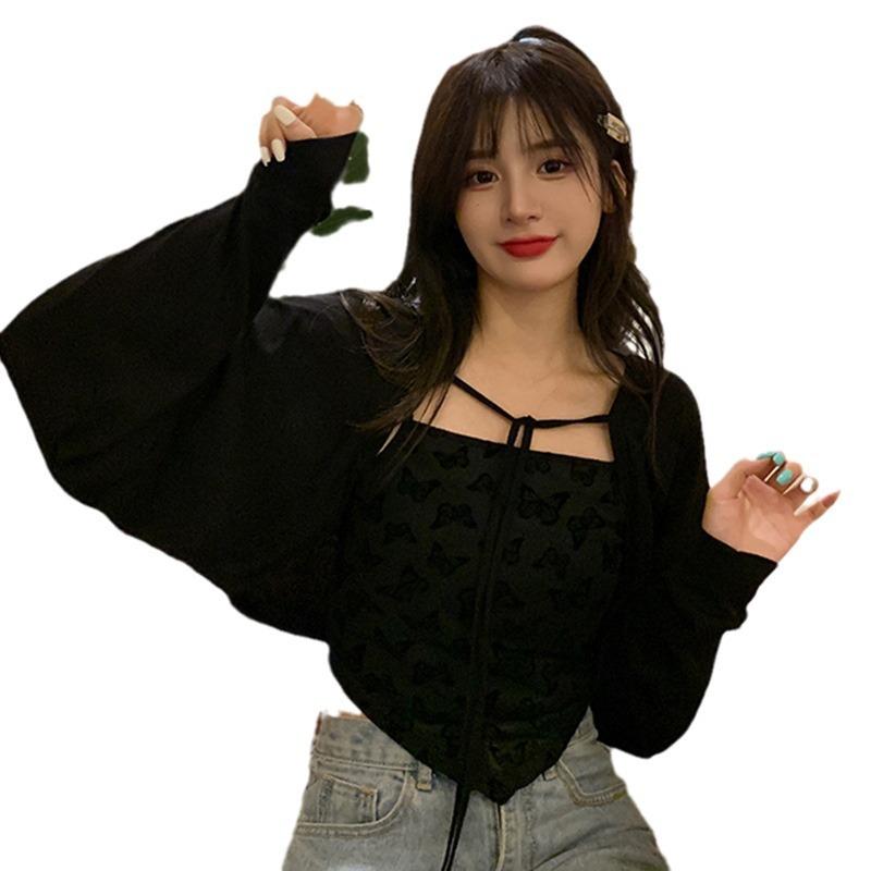 Rakuten - 防晒 シャツ レディース 春夏 長袖 開衫 ショール 短め 外出着 系帯 トップス 罩衫 黒 白 接触冷感 薄手 ポリエステル 混紡 氨纶 ストレッチ ウエスト ワイド シルエット ストライプ 柄 格子 柄 韓国風 セットアップ ヘッド スルー 快適 ゆ