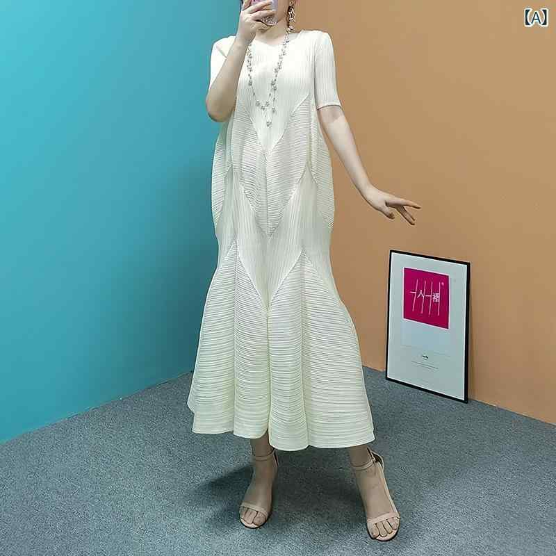 ワンピース レディース 春夏 ノースリーブ 半袖 魚尾スカート プリーツ Uネック ロングワンピース ゆったり মিষ্টি তাজা