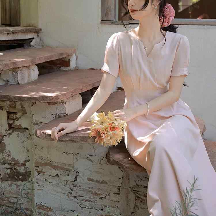 ワンピース レディース Aライン Vネック 半袖 高腰 膝下丈 ポリエステル 無地 きれいめ 通勤 オフィス 淡水ピンク 松石ブルー マンゴーイエロー