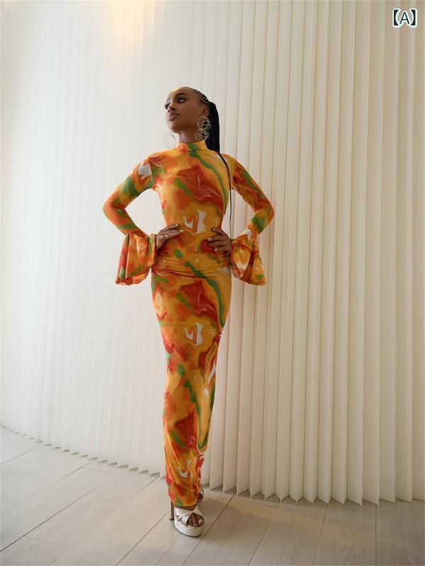 ワンピース レディース 長袖 チュール レース シースルー ボディコン タイト ミディ丈 膝下丈 幾何学模様 春 春物 橙 オレンジ 緑 グリーン パーティー クラブ セクシー 欧美風