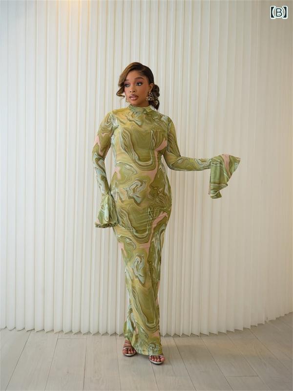 ワンピース レディース 長袖 チュール レース シースルー ボディコン タイト ミディ丈 膝下丈 幾何学模様 春 春物 橙 オレンジ 緑 グリーン パーティー クラブ セクシー 欧美風