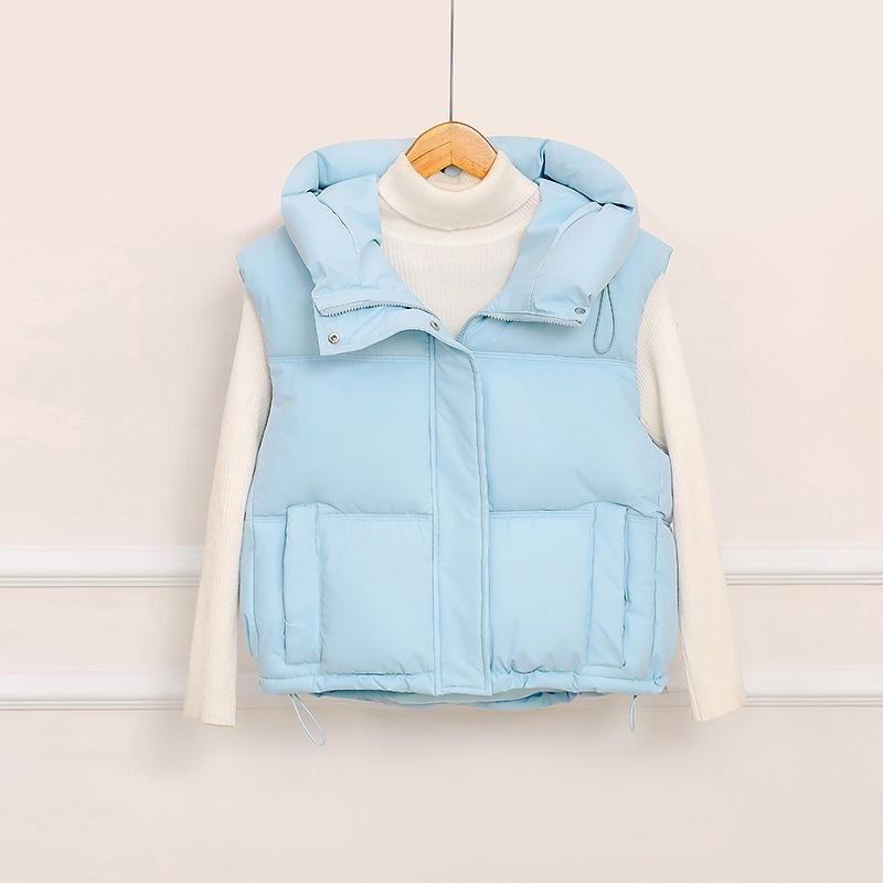 ベスト レディース 綿 秋冬 ショート丈 フード付き アウター チョッキ 学院風 カジュアル ブラック カーキ コーヒー 亮ピンク 新米ホワイト 水色 軍カフェ色 グレー