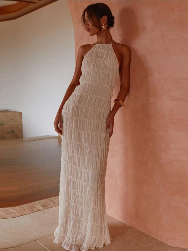 ワンピース レディース 背中開き 褶皱 ストライプ ニットワンピース ロングワンピース ノースリーブ ギャザー Aライン ウエストゴム 伸縮性 接触冷感 通気性 涼しい リゾート 旅行 お出かけ デート 春夏 ブラック ホワイト イエロー ベージュ