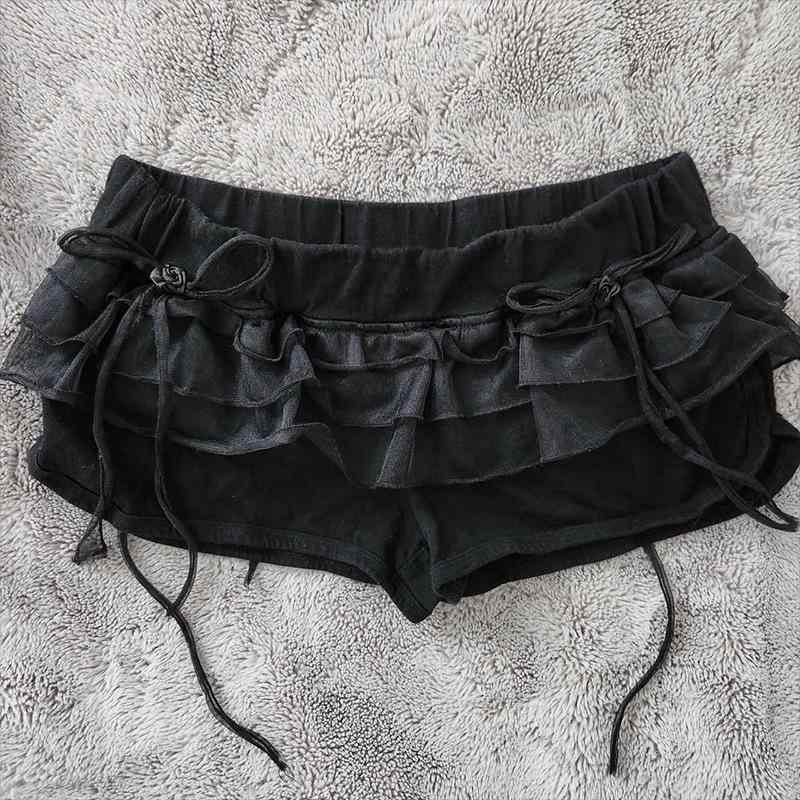 スカートパンツ 短パン レディース 夏 黒 少女風 清新 かわいい 荷葉エッジ 花柄 プリント 蝶結び リボン 松緊腰 弾力 微弾性 ポリエステル 95% 涼しい 軽量 フレア フレアシルエット 通気性 好み 日常使い デート フェミニン スイート フレ