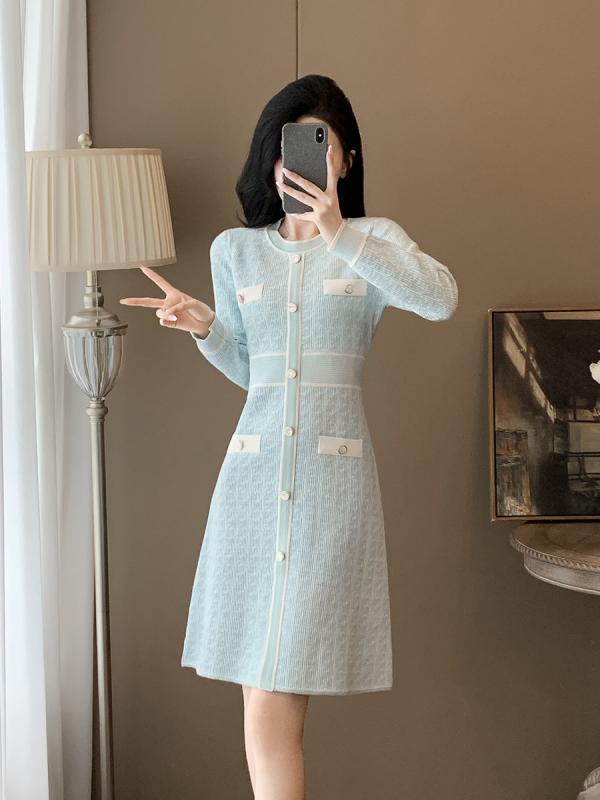 ワンピース レディース 秋冬 ニット 長袖 Aライン 高見え 上品 エレガント 配色 ジャガード 膝丈 ミディアム丈 普段使い 清楚 きれいめ..