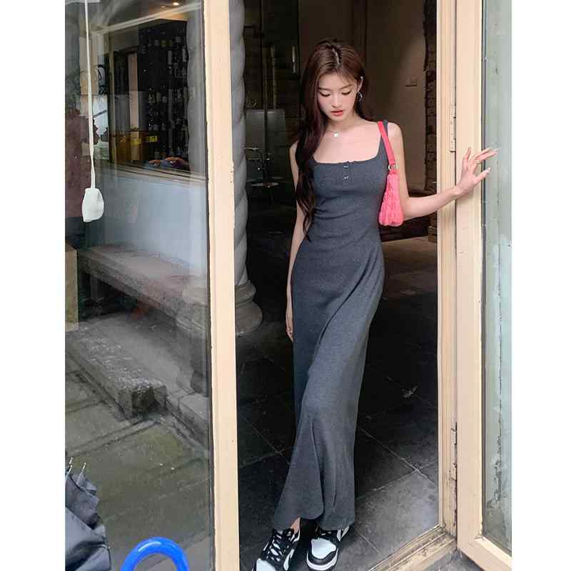 ワンピース レディース 黒色ニットキャミソール 高見え Aライン ロングワンピース ノースリーブ ポリエステル 接触冷感 無地 カジュアル 高腰 普段使い デート