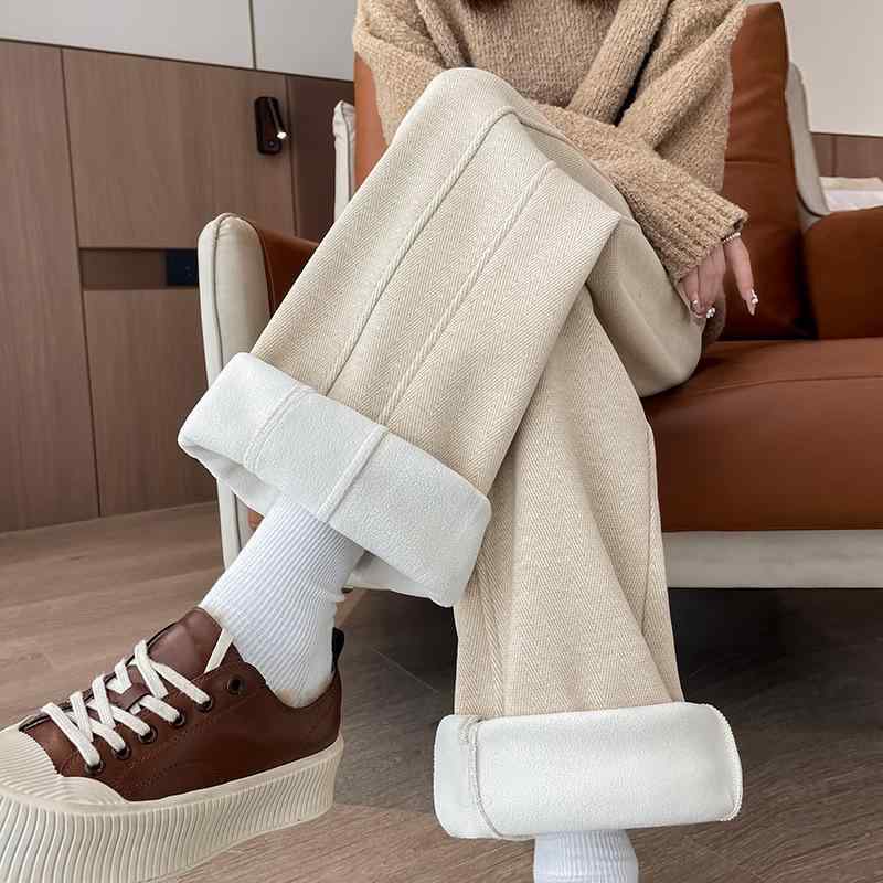 ズボン レディース 秋冬 ウール ワイドレッグパンツ ストレート 厚手 スリット 人字織 通勤 オフィス カジュアル きれいめ ズボン S M L XL 2XL 3XL 4XL