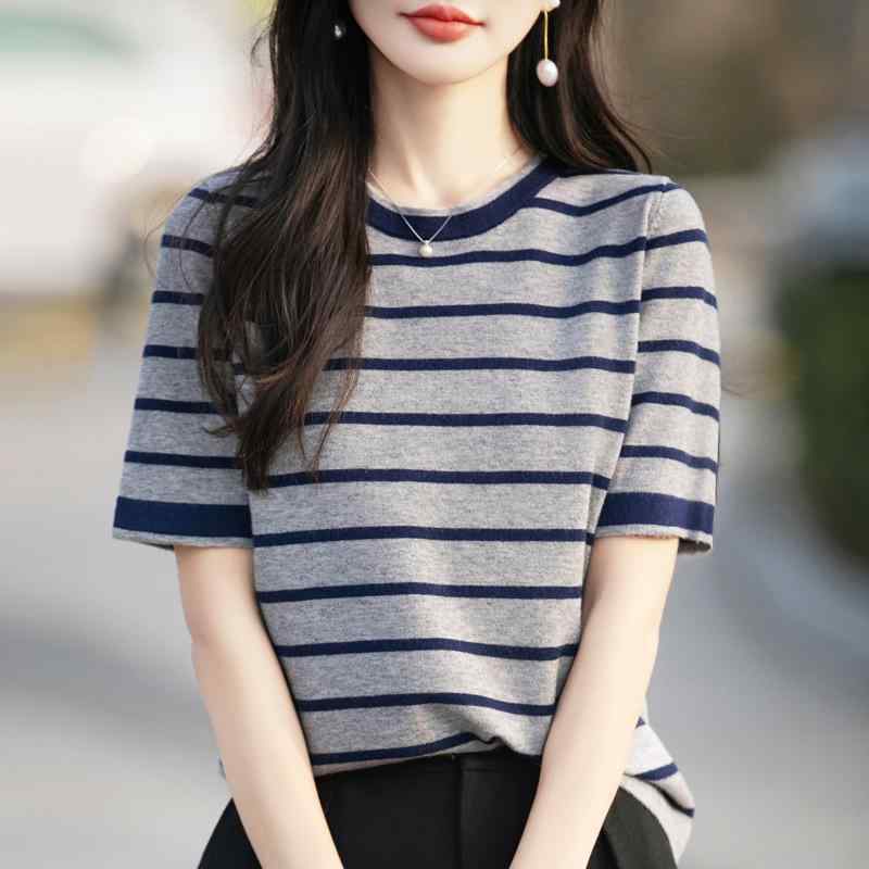 ニット レディース 春夏 半袖 ボーダー Tシャツ ラウンドネック プルオーバー 韓国風 カジュアル トップス 薄手 アンディウール 配色 S M L XL XXL ホワイト グレー