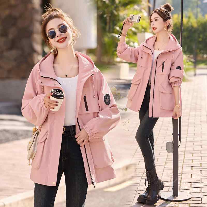 コート レディース スプリングコート ミドル丈 ポリエステル フード付き ジップアップ ゆったり 通勤 ベージュ ピンク系