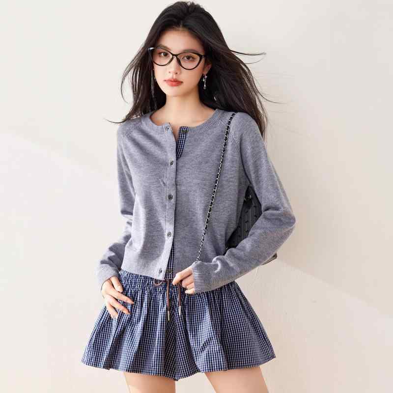 カーディガン レディース 韓国風 春物 ニット トップス 格子柄 切り替え ラウンドネック 長袖 灰色 ゆったり 普段使い デイリー