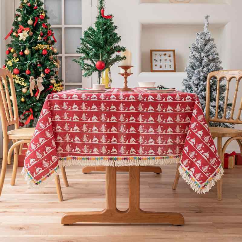 テーブルクロス クリスマス レディース メンズ 兼用 屋内装飾品 テーブル マット 幾何学模様 雪花柄 トナカイ柄 赤色 綿麻 防滑 耐摩耗 防塵 美化 60 ...