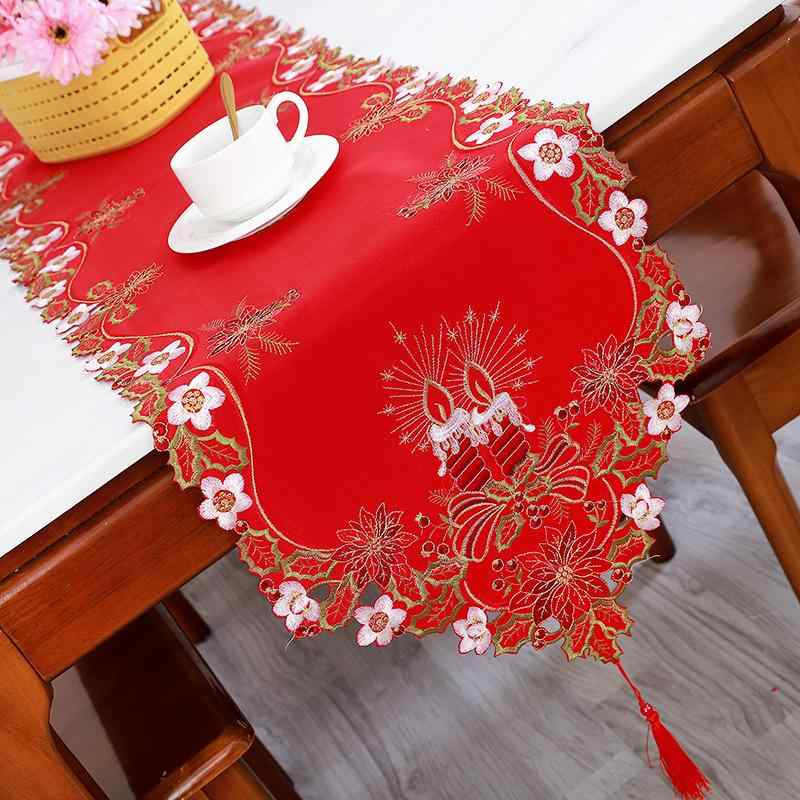 テーブルクロス クリスマス テーブルランナー センタークロス 刺繍 北欧風 ポリエステル製 レッド 赤色..