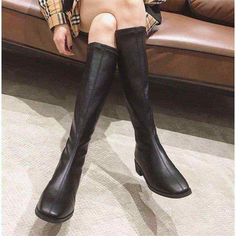 ブーツ レディース ニーハイブーツ 韓国風 ストレッチ 太ヒール スクエアトゥ ハイカット 筒丈高め 防..
