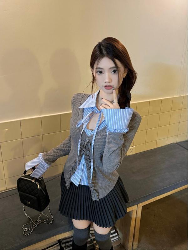 ニット レディース カーディガン 長袖 グレー系 チェック柄 切り替え 襟付き 伸縮性 春秋冬 オフィス ..