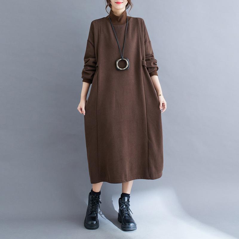 ワンピース レディース 大きいサイズ 秋冬 長袖 Aライン ハーフハイネック コットン混紡 ゆったり 普段使い 韓国 日韓スタイル 快適 婦人服 黒 コーヒー