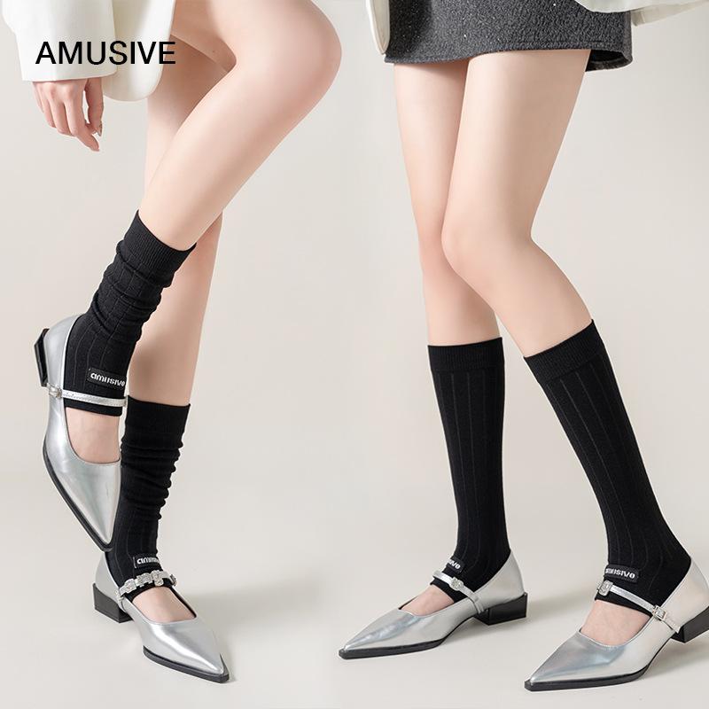 靴下 レディース バレエ風 薄手 リブ編み レッグウォーマー ミドル丈 コットン 混紡 通気 抗菌 防臭 吸汗 ブラック グレー ホワイト 春夏