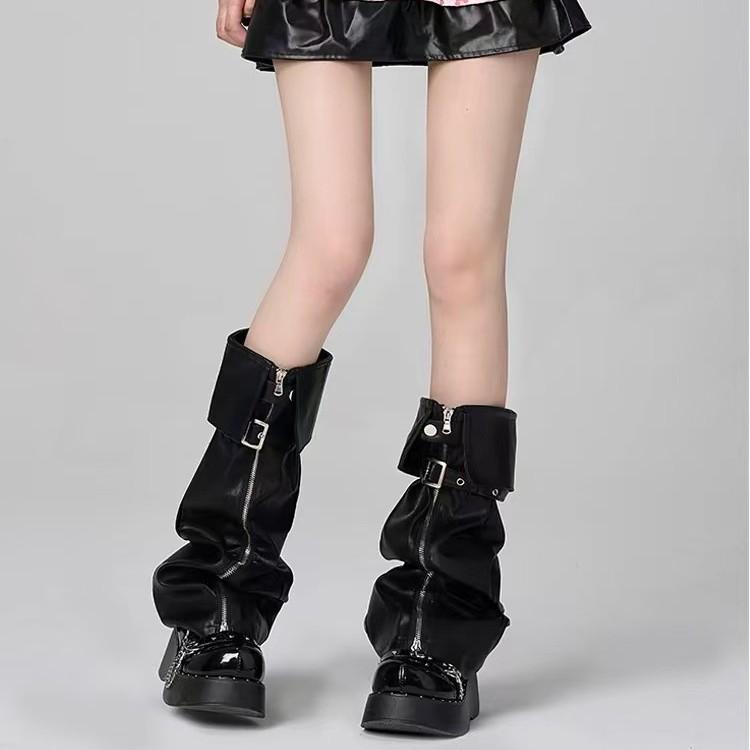 レッグウォーマー レディース PUレザー 中筒丈 伸縮性 無地 韓国風 ブラック