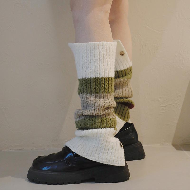 靴下 レディース ソックス レッグウォーマー 高筒 秋冬 厚手 防臭 ストライプ ポリエステル混紡 カジュアル ミドル丈 ホワイト ベージュ ニット 暖かい 冷え取り(4)