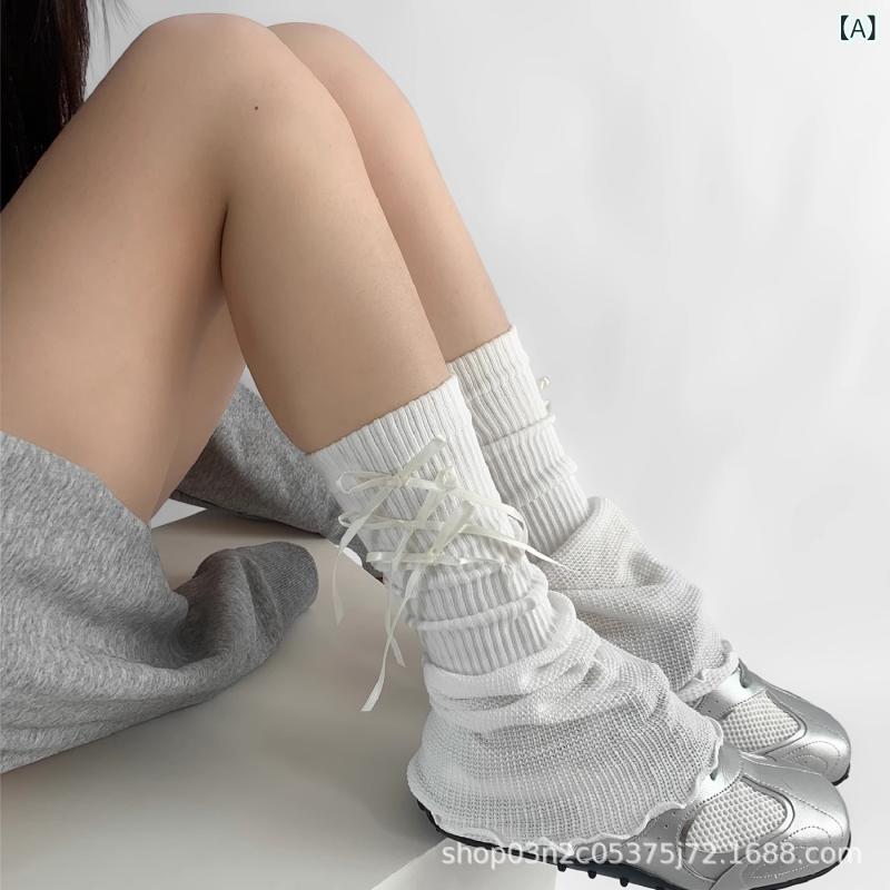 靴下 レディース 婦人 膝下 丈 ニット レッグウォーマー コットン 混紡 無地 白 グレー 黒 かわいい リボン 春夏秋冬 シーズンレス 個性 通気性