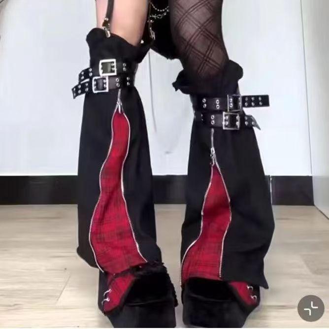 レッグウォーマー レディース ゴシック パンク 水洗い レッド チェック柄 ダブルジップ 調節可能 コットン 通気性 中筒 丈 普段使い 個性派