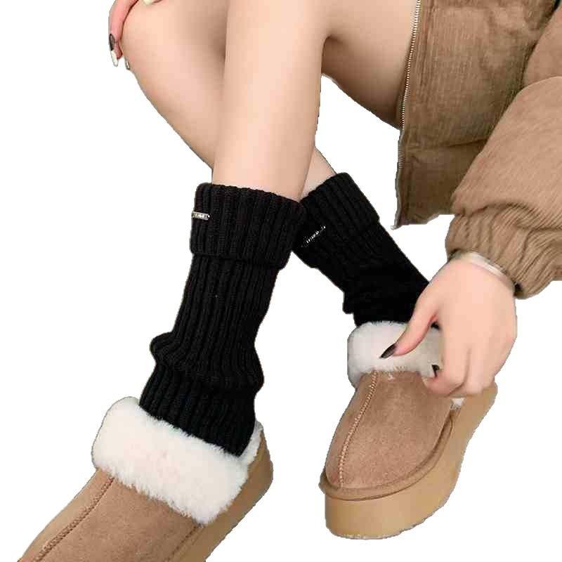 靴下 レディース 靴下カバー レッグウォーマー ニット 中筒丈 秋冬 防寒 保温 アクリル 無地 ボーダー柄 日系 かわいい