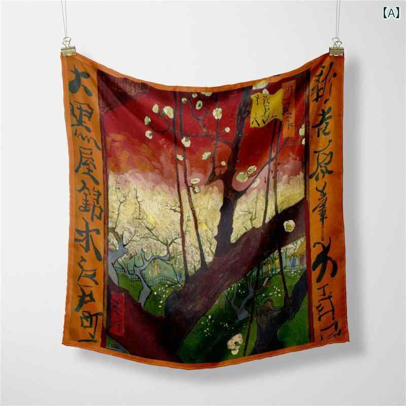 スカーフ レディース シルク 小判 正方形 花柄 梅柄 油絵風 春夏 秋冬 速乾 保温 日焼け防止 防塵 ビジ..