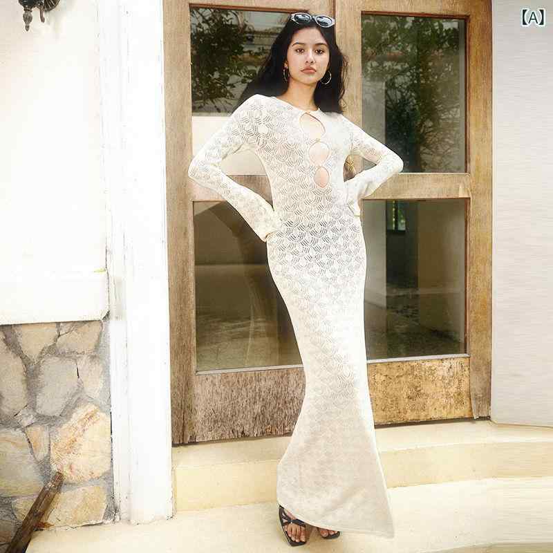 ワンピース レディース 長袖ニットカーディガン ビーチ リゾート ロング丈 チュニック 接触冷感 粘胶纤维 喇叭袖 無地 ベージュ系 セクシー