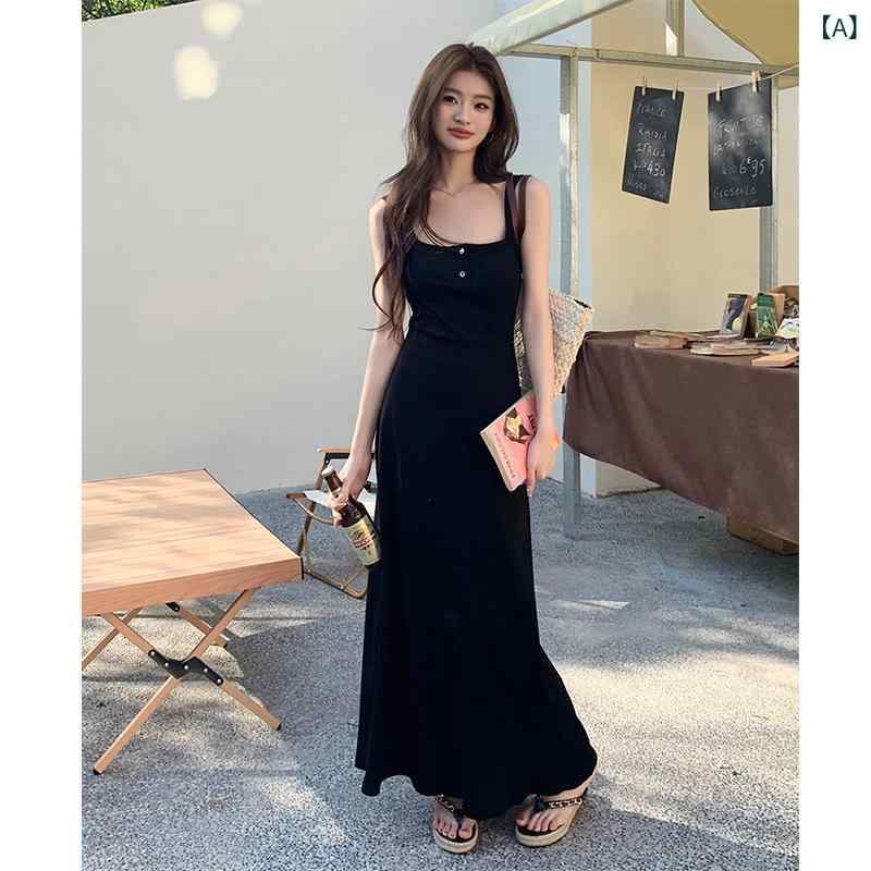 ワンピース レディース 黒色ニットキャミソール 高見え Aライン ロングワンピース ノースリーブ ポリエステル 接触冷感 無地 カジュアル 高腰 普段使い デート